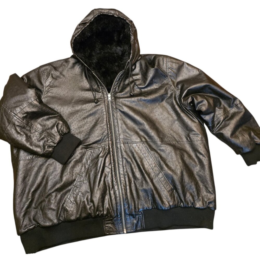 Black 100% Leather Faux Fur Lined EXCELLED Bomber Jacket sz 5XL